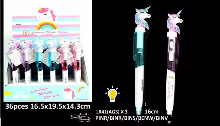 Stylo Bille Licorne Lumineux Led Mix 16cm